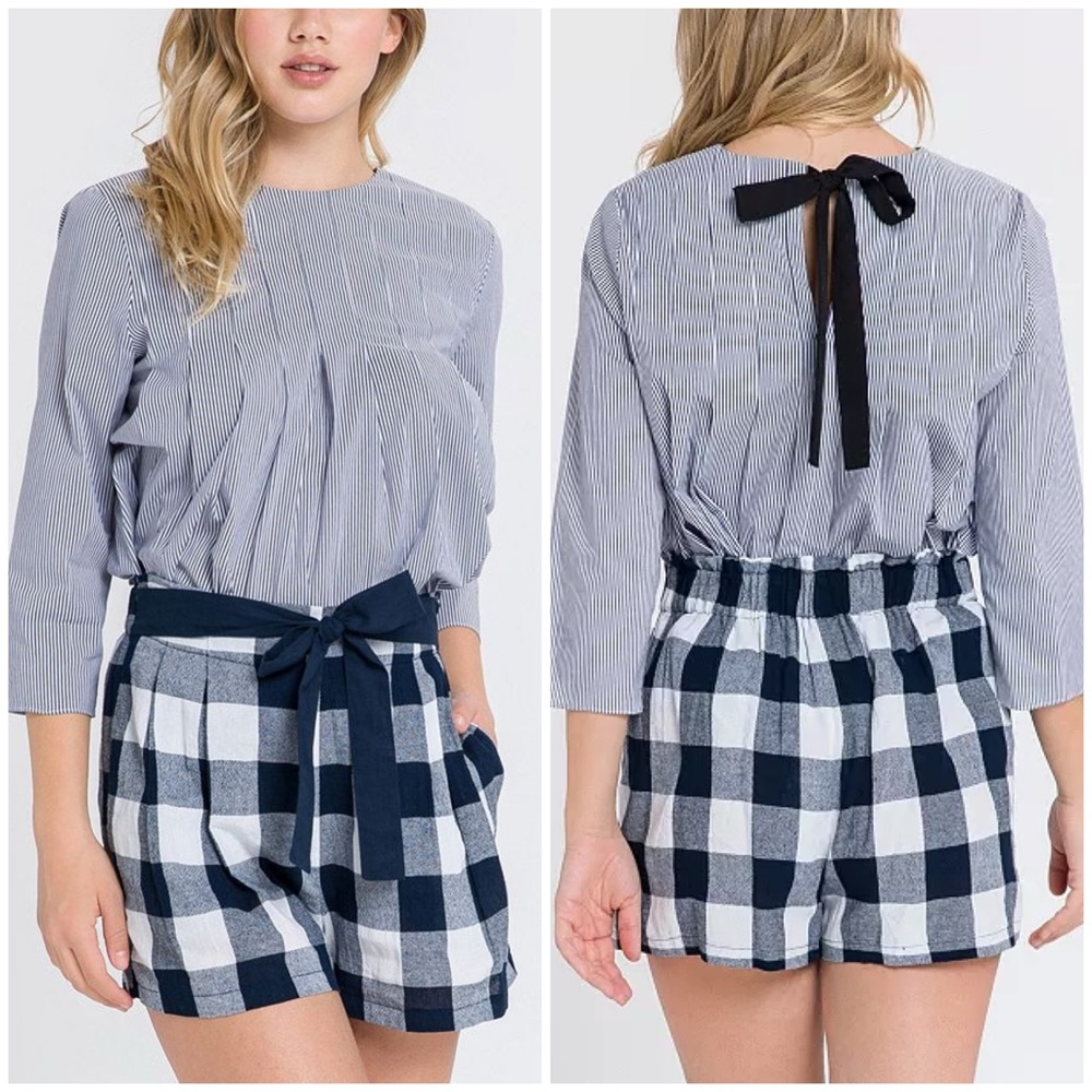 NWT English Factory Pleated Stripe Top Back Ribbon Blue/White XS Preppy Workwear